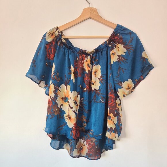 Sans Souci Boho Floral Off Shoulder Sheer Blue Blouse Top Small - Picture 1 of 6